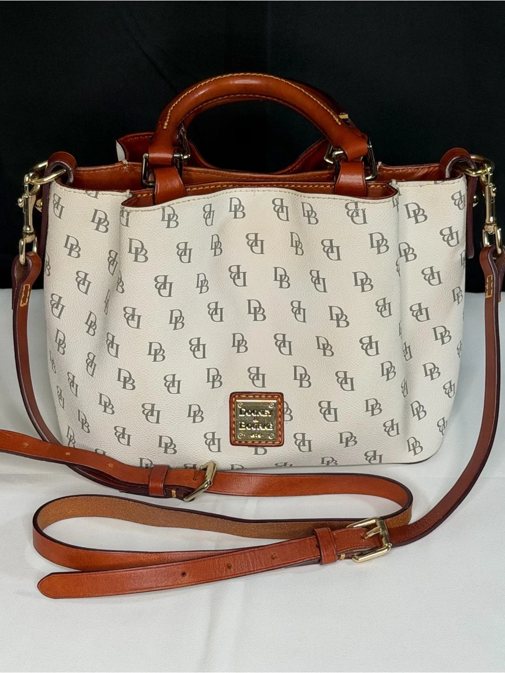 Dooney & Bourke Cream Satchel with Brown Trim and Logo Print